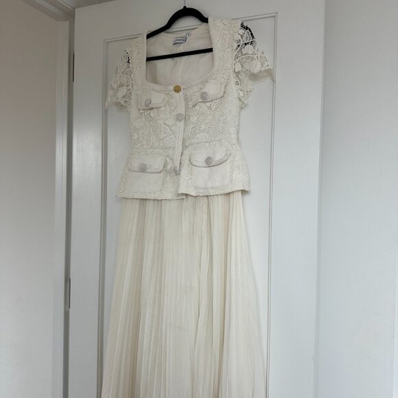 NWT Self-Portrait Guipure Lace Midi Dress Cream Sz 8 Pleated Skirt Square Neck - Picture 4 of 11
